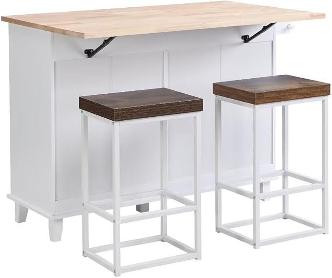 3-Piece Farmhouse Kitchen Island Set with 2 Dining Chairs, Dining Table Set with Storage Cabinet, Drawers and Towel Rack for Small Place, Apartment, Breakfast, Pub