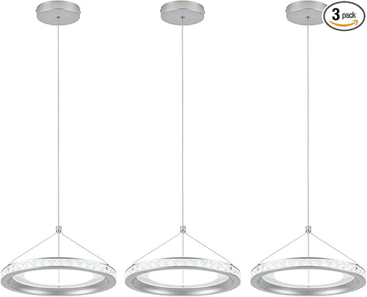 CHYING 3 Pack Modern Silver LED Crystal Pendant Light, 11.8" 24W 6000K Cool White Hanging Pendant Light Kitchen Island, Ring Ceiling Lights for Bedroom Dining Room Hallway
