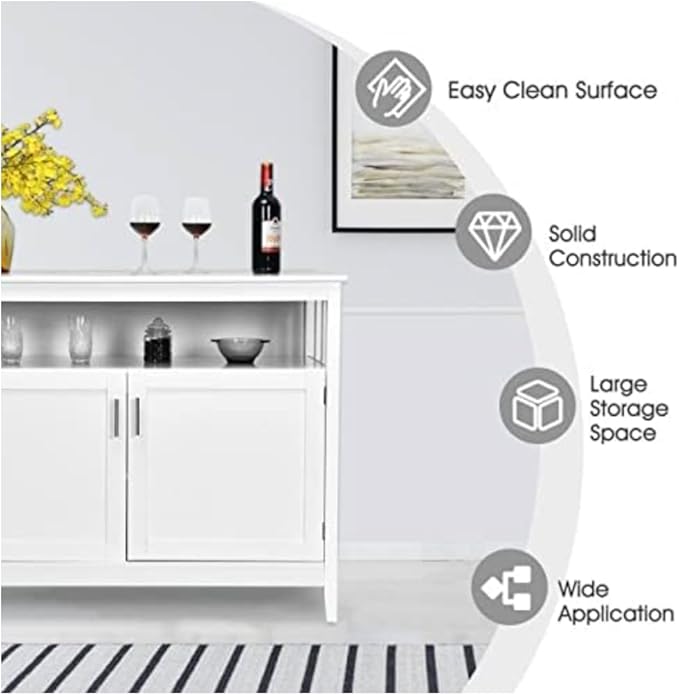 Sideboard Buffet Storage Cabinet Wood Kitchen Cupboard Server Console Island Table 2 Doors Storage Chest with Top Open Shelf (White)