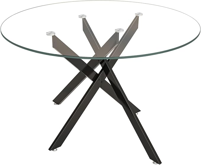 Pvillez 47.2“ Round Dining Table for 4, Contemporary Tempered Glass Dining Table, Small Dinner Table with Black Cross Metal Base, Round Clear Kitchen Table Writing Desk for Dining Kitchen