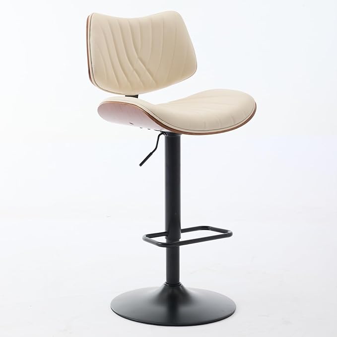 Walnut Bentwood Stools Mid Century Modern Adjustable Counter Height Beige Pu Leather Upholstered 360°Swivel Chairs for Kitchen Island Dining Room Cafe Durable