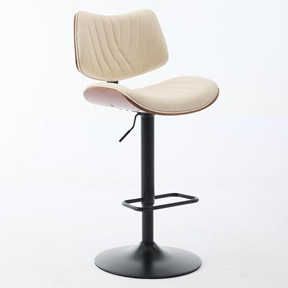 Walnut Bentwood Stools Mid Century Modern Adjustable Counter Height Beige Pu Leather Upholstered 360°Swivel Chairs for Kitchen Island Dining Room Cafe Durable