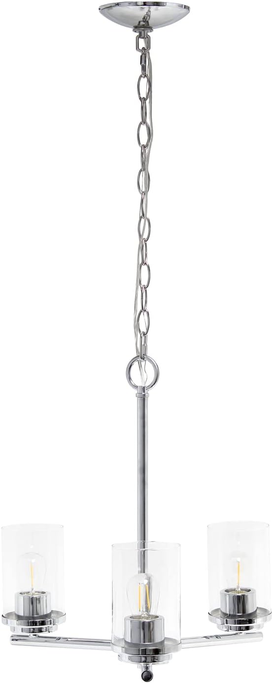 Elegant Designs PT1018-CHR 15" Traditional Vintage Modern Industrial 3-Light Metal and Clear Glass Kitchen Island Foyer Hallway Living Room Den Dining Room Hanging Pendant Chandelier, Chrome