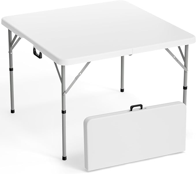 VINGLI 42" Fold in Half Square Table, Bi-Folding Commercial Portable Plastic Dining Table for Kitchen Outdoor Party Wedding Event, White