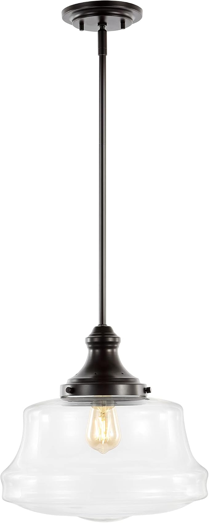 JONATHAN Y 14" Oil Rubbed Bronze 1-Light Iron and Glass Schoolhouse Pendant, Adjustable Height Bohemian Farmhouse Fixture for Kitchen Island Dining Room, LED Bulb Included JYL7585A