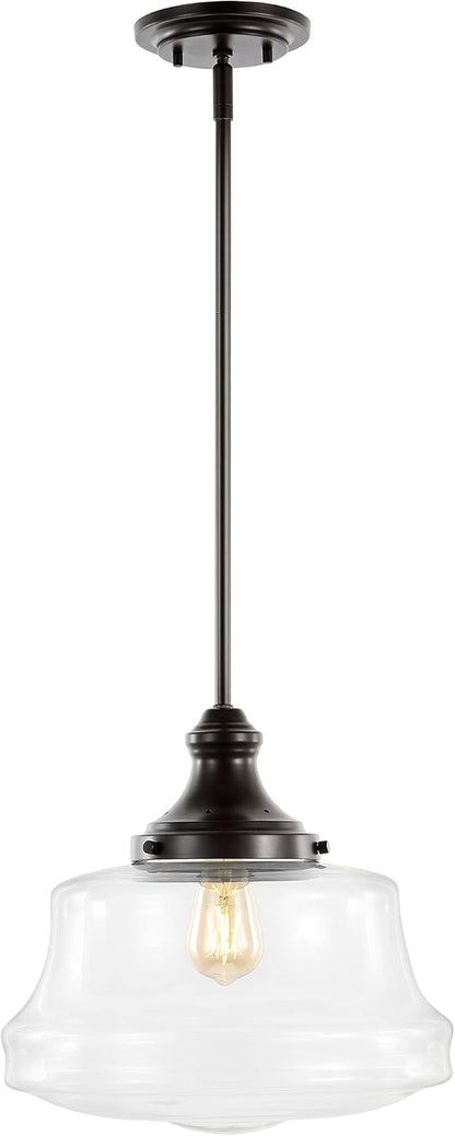JONATHAN Y 14" Oil Rubbed Bronze 1-Light Iron and Glass Schoolhouse Pendant, Adjustable Height Bohemian Farmhouse Fixture for Kitchen Island Dining Room, LED Bulb Included JYL7585A