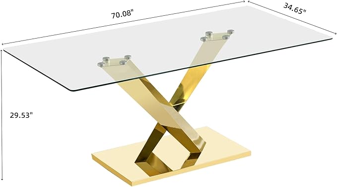70" Rectangle Glass Dining Table for 6, Modern Luxury Kitchen Table with Clear Tempered Glass Top & X-Shape Gold Stainless Steel Mirrored Base