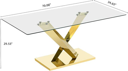 70" Rectangle Glass Dining Table for 6, Modern Luxury Kitchen Table with Clear Tempered Glass Top & X-Shape Gold Stainless Steel Mirrored Base