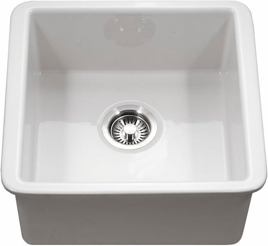 Houzer PTB-2020 WH Platus 20 inch Fireclay Kitchen Sink, Undermount, Square Single Bowl Bar Sink, Non Porous Surface Impervious to Cracks and Chips, White