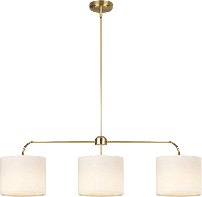 3 Light Gold Linear Chandelier with Linen Beige Drum Shades,Modern Pendant Light Fixture for Kitchen Island,Dining Room,Living Room,Mid-Century Ceiling Light Fixture,Adjustable Height Island Light
