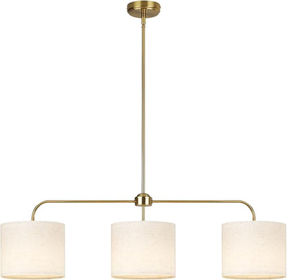 3 Light Gold Linear Chandelier with Linen Beige Drum Shades,Modern Pendant Light Fixture for Kitchen Island,Dining Room,Living Room,Mid-Century Ceiling Light Fixture,Adjustable Height Island Light