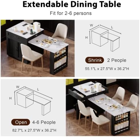 Kitchen Island with Extendable Dining, 82.7" Mobile Kitchen Storage Islands with Double-Sized Storage, Rolling Kitchen Cart with Power Outlet, Cabinet & 2 Drawers & 2 Side Open Shelves (Black)