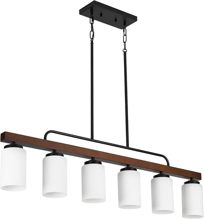 Farmhouse Dining Room Light Fixture Over Table, Black 6-Light Wood Kitchen Island Lighting with Milk White Glass, Industrial Linear Chandelier Pendant Lights