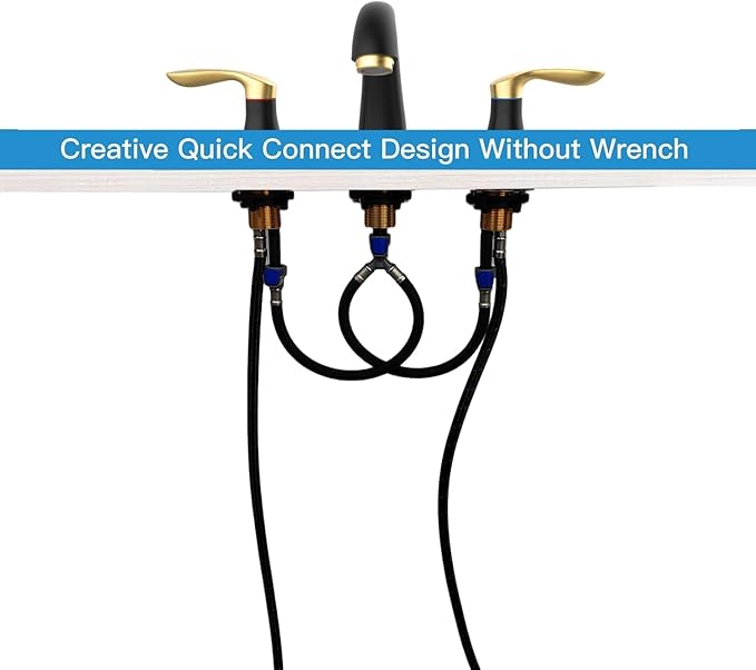 Bathroom Sink Faucet, Faucet for Bathroom Sink, Widespread Black and Gold Bathroom Faucet 3 Hole with Stainless Steel Pop Up Drain and cUPC Lead-Free Hose - (Black and Gold)