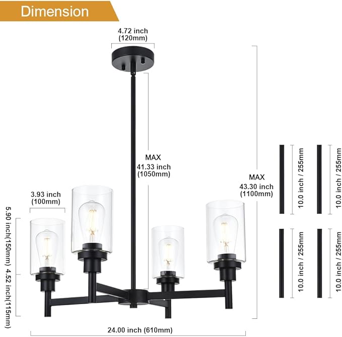 VINLUZ 4 Light Glass Farmhouse Chandelier Black Kitchen Lighting Fixture Hanging with Cylinder Clear Glass Pendant Light for Dining Room Bedroom