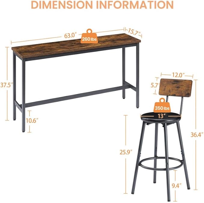 4 Piece Dining Table Set, Kitchen Table and Chairs for 3 with Upholstered Stools, Built-in Adjustable Feet, Bar Table Counter Height Pub Table Set for Living Room, Breakfast Nook, Small Space, Brown