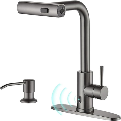 AVSIILE Touchless Kitchen Faucets with Pull Down Sprayer & Soap Dispenser, Waterfall Single Hole & Handle, Pull Out Sink Faucet in Gray, Suitable for Farmhouse Camper Laundry Rv Bar
