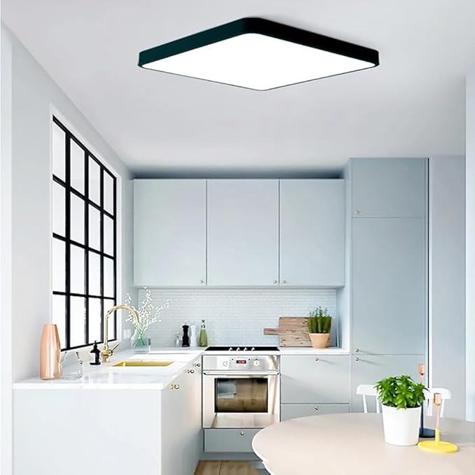 LED Ceiling Light Fixture,24 Inch Modern Square Recessed Ceiling Lights, Dimmable Light,64W Black Close to Ceiling Lighting Flush Mount Living Room Bedroom,3000K-6000K