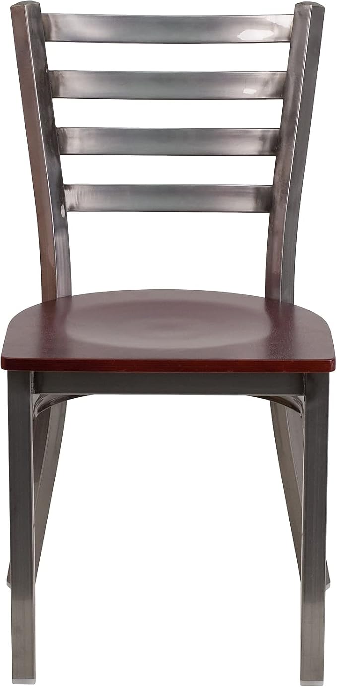 Flash Furniture 2 Pk. HERCULES Series Clear Coated Ladder Back Metal Restaurant Chair - Mahogany Wood Seat