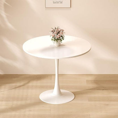 32" MDF Top Island Table, Rustic Dining Table with Cylindrical Metal Base, Farmhouse Dining Table for Small Spaces & Studios, White