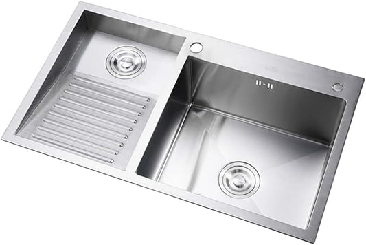 Laundry Utility Sink With Washboard Stainless Steel Kitchen Sink Household Pool Balcony Room Wash Basin Easy Clean Double-Bowl, 700mm/27.5"