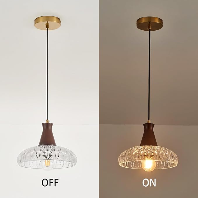 YLONG-ZS Glass Pendant Lights Kitchen Island,Modern Kitchen Hanging Pendant Ceiling Light,Vintage Walnut Wood Hanging Lamp for Bedroom Living Room Dining Room Restaurant Coffee Shop