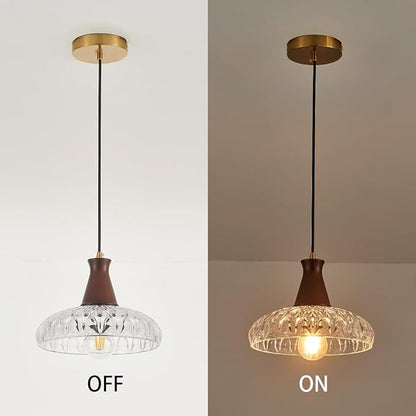 YLONG-ZS Glass Pendant Lights Kitchen Island,Modern Kitchen Hanging Pendant Ceiling Light,Vintage Walnut Wood Hanging Lamp for Bedroom Living Room Dining Room Restaurant Coffee Shop