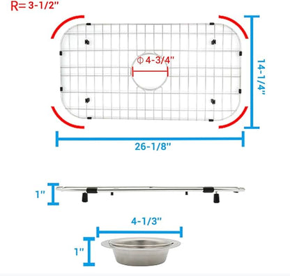 Kitchen Sink Grid 26-1/8"x14-1/4 - Heavy Duty Kitchen Sink Protector with Built-in Strainer & Center Drain, Non-Slip Rubber Feet & Scratch Resistant Bottom Guard