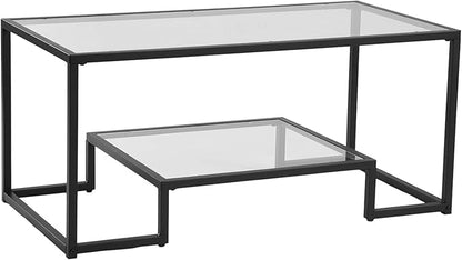 VEVOR Glass Coffee Table, Modern Glass Coffee Table, 2 Tiers Rectangle Glass Center Desk with Open Storage, Minimalist Sturdy Metal Frame Accent End Desk for Living Room, Office, Easy Assembly