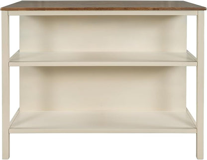 Solid Wood Rustic 45" Stationary Kitchen Island, Rubber Wood Butcher Block Dining Table Prep Table with 2 Open Shelves for Small Places,Walnut+Cream White