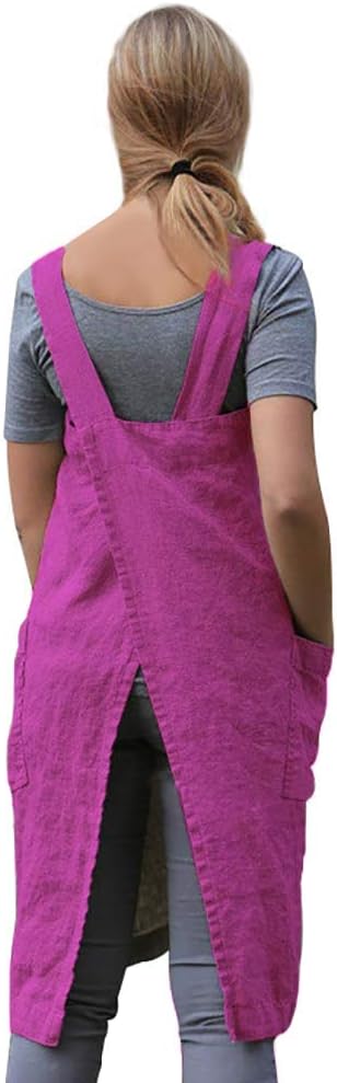 Larmliss Women's Pinafore Square Apron Baking Cooking Gardening Works Cross Back Cotton/Linen Blend Dress with 2 Pockets