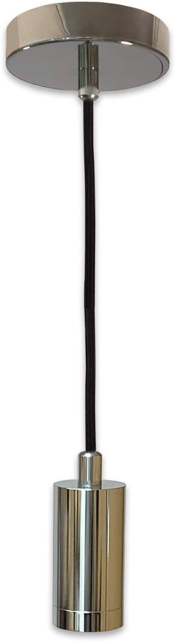 Royal Designs, Inc. Hanging Pendant Lighting Keyless Cylinder-Shaped Pendant Light Socket and Canopy, Polished Nickel Finish with Black Rayon Fabric Cord