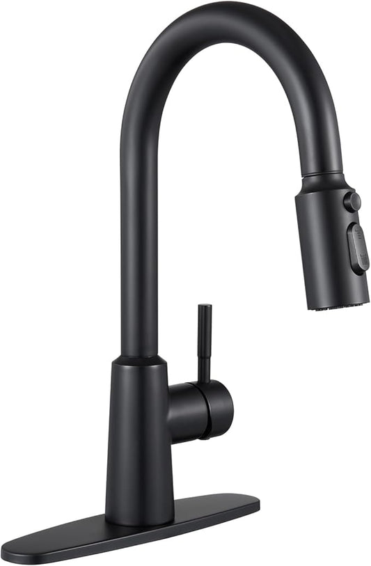 Matte Black Kitchen Faucet with Pull Down Sprayer, High Arc Single Handle Stainless Steel 1 or 3 Hole Faucet for Kitchen Sink, Farmhouse, RV, Laundry, Bar, Outdoor