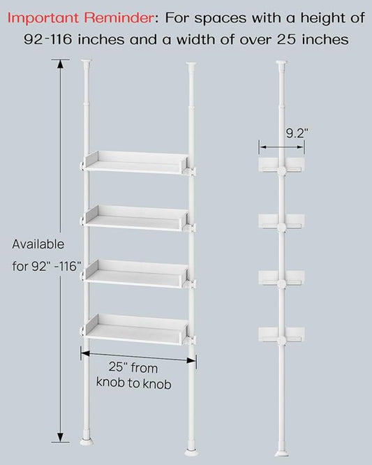ALLZONE Bathroom Organizer, Over The Toilet Storage, 4-Tier Adjustable Wood Shelves for Small Rooms, Saver Space Rack, Narrow Cabinet, 92 to 116 Inches Tall, White