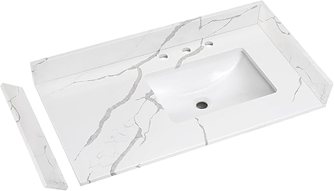 36 in.W x 22 in.D Quartz Calacatta River Vanity Top,with Undermount Right Offset Sink Vanity Top,with Two Sidesplash & One Backsplash,8 Inch Faucet Hole Spread Bathroom Vanity Sink Countertop