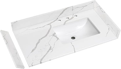 36 in.W x 22 in.D Quartz Calacatta River Vanity Top,with Undermount Right Offset Sink Vanity Top,with Two Sidesplash & One Backsplash,8 Inch Faucet Hole Spread Bathroom Vanity Sink Countertop