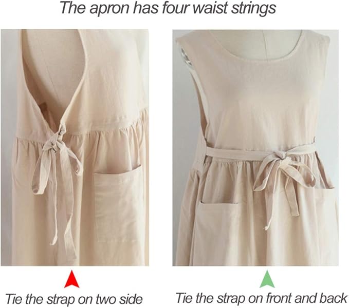 Women Plus Size Cotton Linen Vintage Pleated Split Apron Pinafore Dress with Two Pockets
