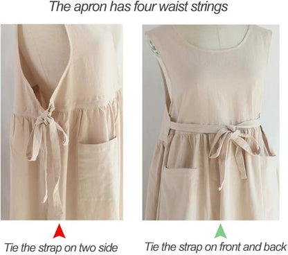 Women Plus Size Cotton Linen Vintage Pleated Split Apron Pinafore Dress with Two Pockets