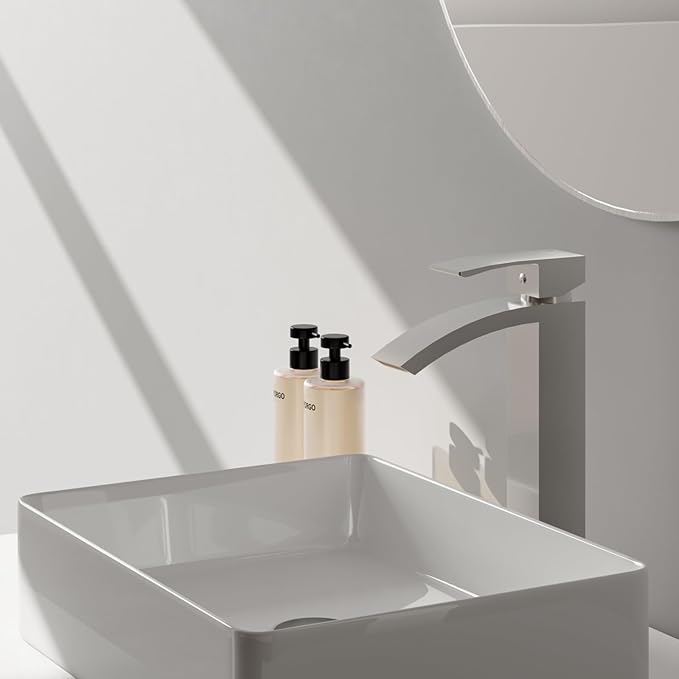 Brushed Nickel Vessel Sink Faucet, Greenspring Waterfall Bathroom Faucets, Tall Spout Single Handle Single Hole Bathroom Faucets with Pop Up Drain and Without Overflow Basin Faucet Supply Line
