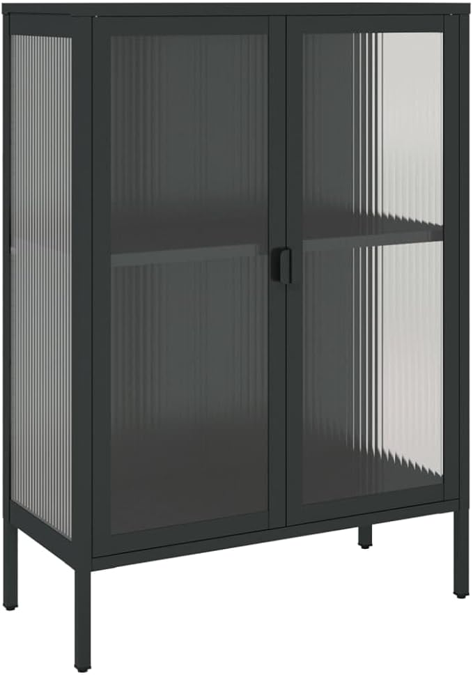 Black Powder-Coated Steel Sideboard, Fluted Glass Accent Cabinet for Living Room, 2-Door Storage with Adjustable Shelves, 13.8x29.5x41.3 inch Kitchen Furniture
