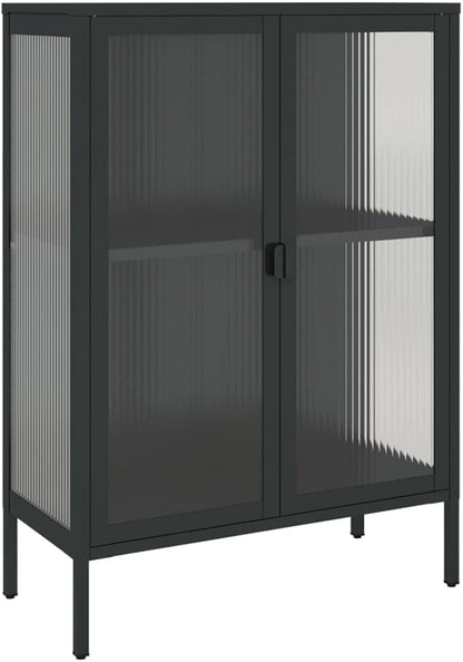 Black Powder-Coated Steel Sideboard, Fluted Glass Accent Cabinet for Living Room, 2-Door Storage with Adjustable Shelves, 13.8x29.5x41.3 inch Kitchen Furniture