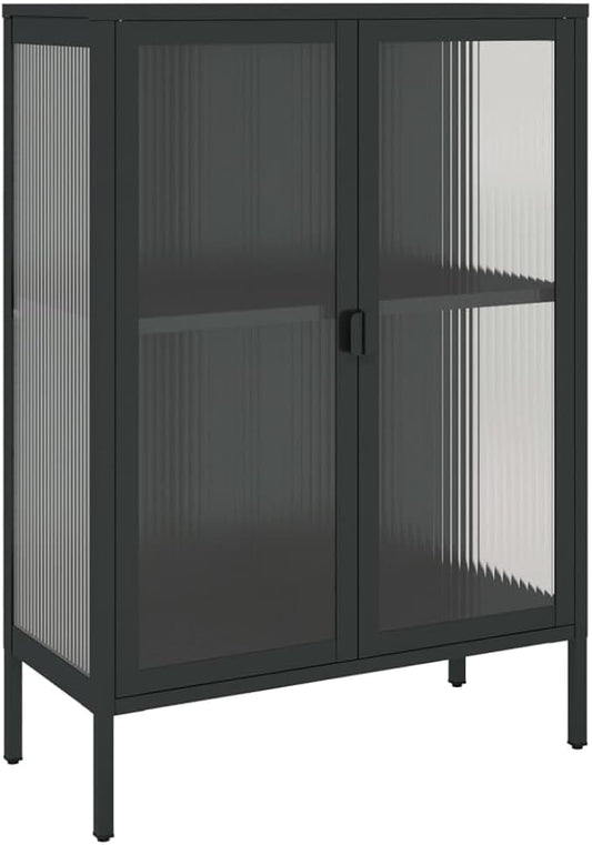 Black Powder-Coated Steel Sideboard, Fluted Glass Accent Cabinet for Living Room, 2-Door Storage with Adjustable Shelves, 13.8x29.5x41.3 inch Kitchen Furniture