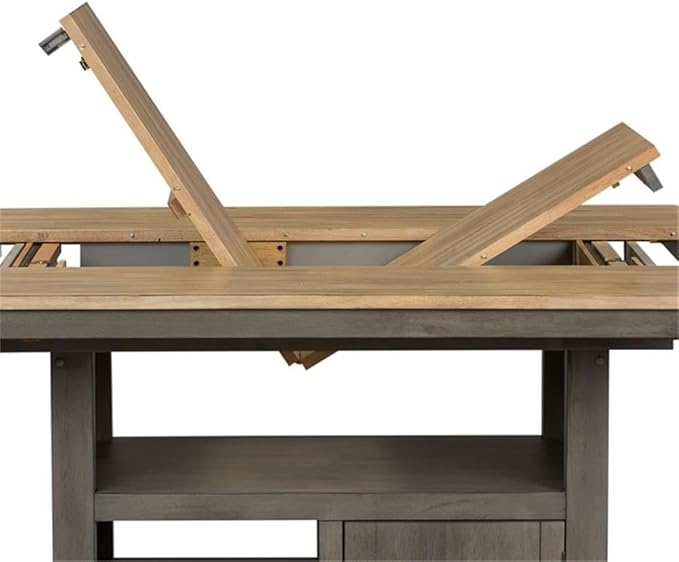 Pemberly Row Contemporary 7 Piece Gathering Table Set, Rubberwood Solids and Veneers, Light Gray and Sandstone Finish, Includes Kitchen Island Table with Storage and 6 Counter Height Swivel Chairs