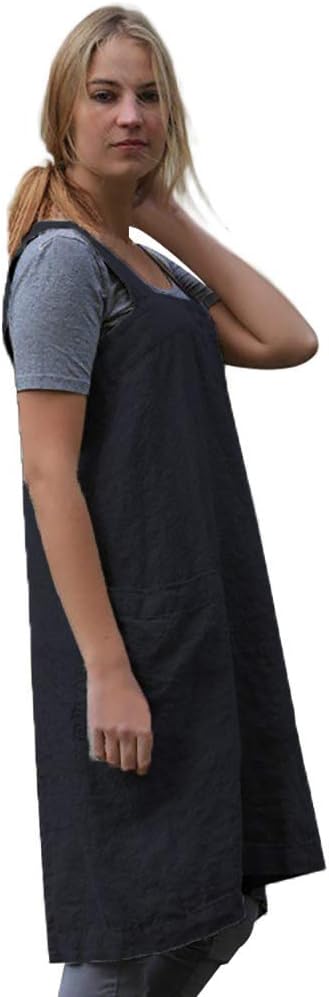 Larmliss Women's Pinafore Square Apron Baking Cooking Gardening Works Cross Back Cotton/Linen Blend Dress with 2 Pockets