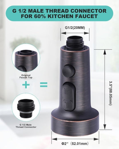 Pull Down Faucet Head Replacement: 3-Function Kitchen Faucet Head with 9 Adapters - Oil Rubbed Bronze Kitchen Sink Spray Replacement Compatible with Moen, Delta, American Standard Faucets