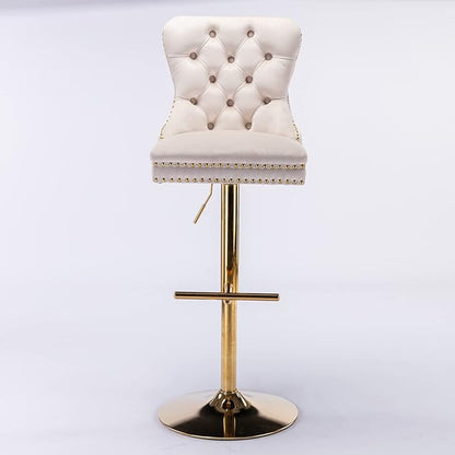 Set of 2 Velvet Bar Stools Swivel Dining Barstools with Adjustable Height 25-33 Inch Gold Bar Stools for Kitchen Island Counter Thick Swivel Velvet Barstools Counter Height Stools Beige