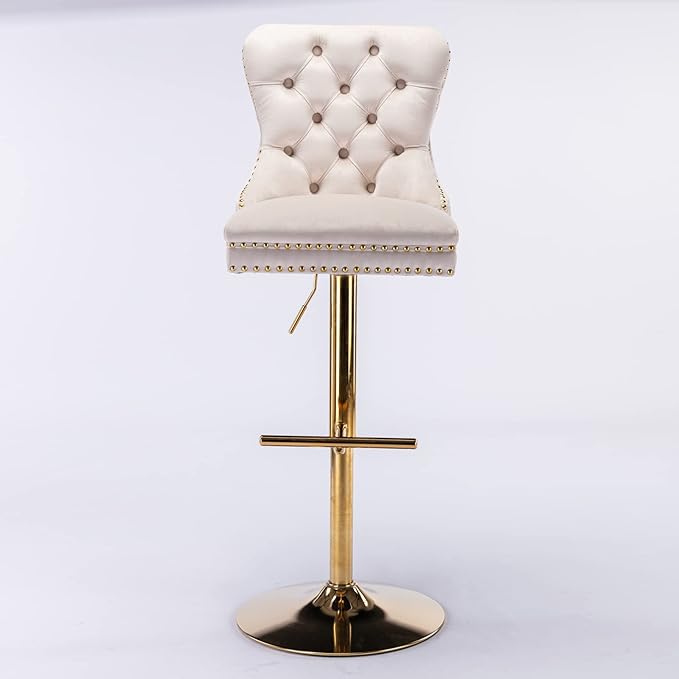 Gecheer Thick Golden Swivel Velvet Barstools Adjustable Height 27-35 in, Modern Tufted Bar Stools with Backs for Kitchen Island (Beige, Set of 2) Multiple Family Members can use it for Daily Dining