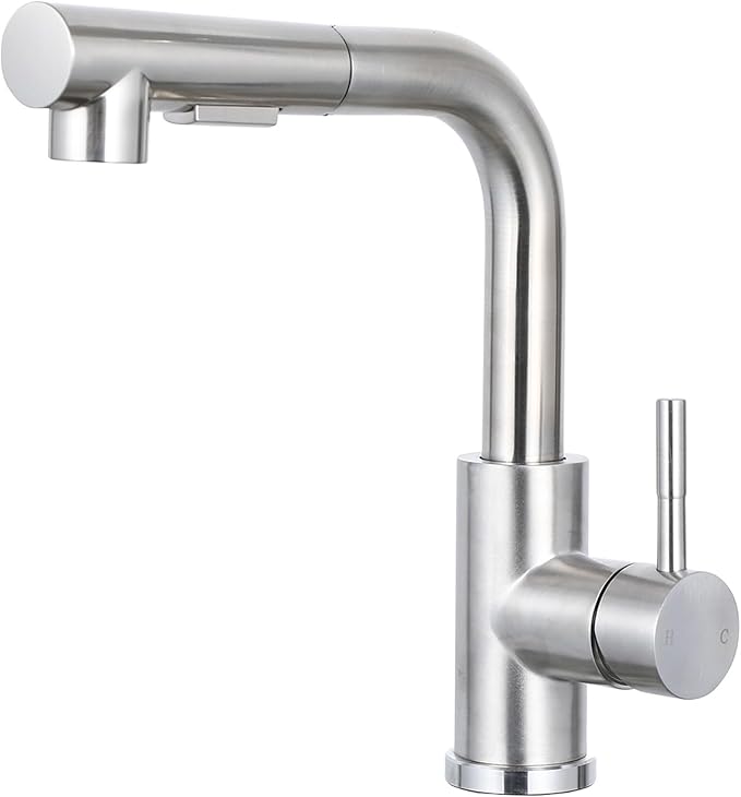 Friho Bar Sink Faucet with Pull Down Sprayer - Lead-Free SUS304 Stainless Steel Single Handle Kitchen Faucet, Brushed Nickel High Arc Kitchen Sink Faucet for Bar, Prep Station, RV & Laundry Room