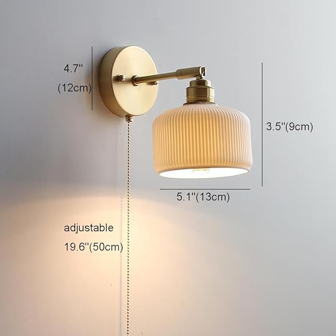 Pull Chain Wall Sconce Ceramic Light Fixture Vintage Wall Sconces with Pull Chain Switch Brushed Gold Brass Sconce Lights Fixtures Retro White Striped Ceramic Sconce for Kitchen Sink