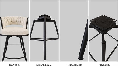 26" Bar Chair Linen Woven Bar Stool Set of 2,Black Legs Bar stools No Adjustable Kitchen Island Chairs,360 Swivel Bar Stools Upholstered Bar Chair Counter Stool Arm Chairs with Back Footrest (White)